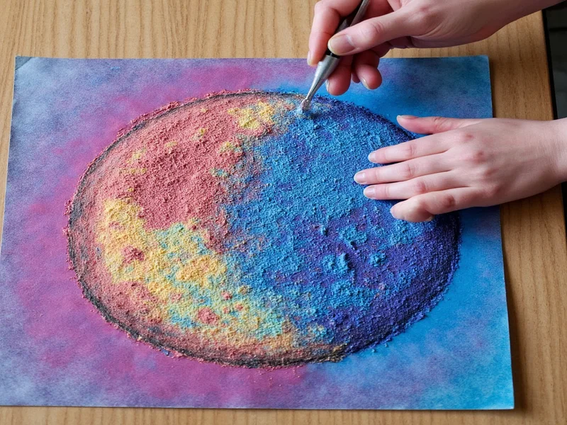 Hand creating textured planet surface with natural dyes on recycled paper
