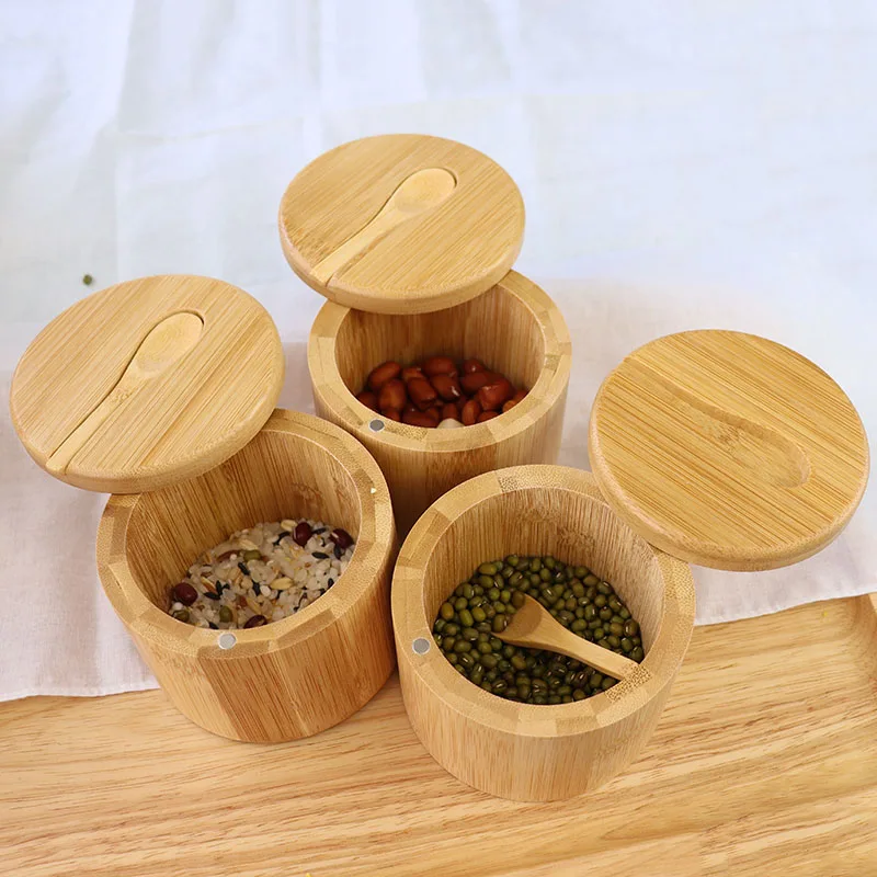 

Eco Friendly Organic Bamboo Round Magnetic Lid Bamboo Storage Seasoning Box Bambu Spice Jar Bamboo Salt Container Box with Spoon