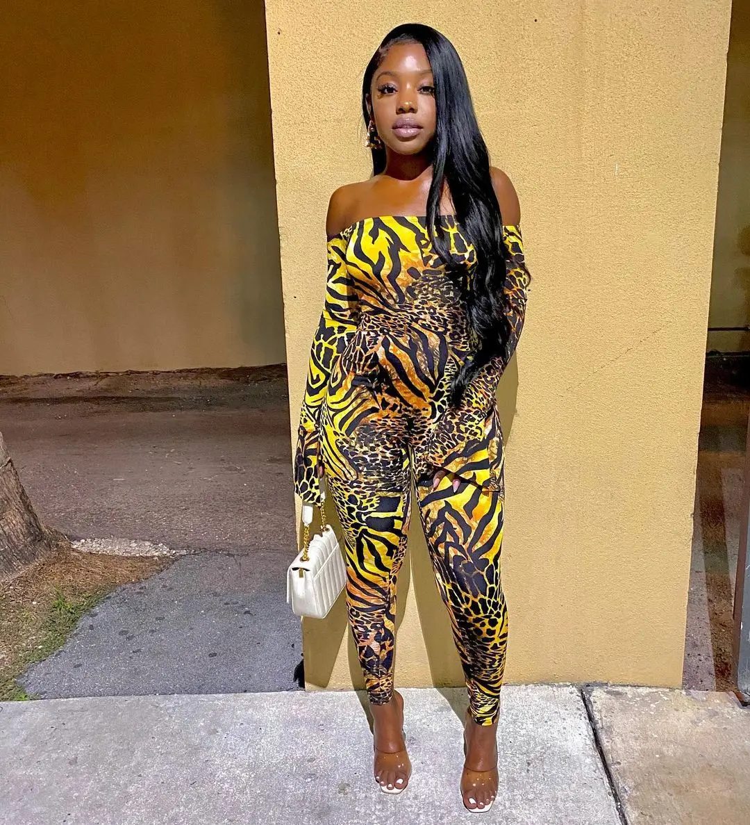 

Hot Selling Women Fall Winter Long Sleeve Leopard Print Off Shoulder Jumpsuits Romper Outfits