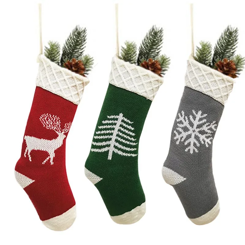 

2021 New Christmas Decoration Knitted Deer Snowflake Tree Pattern Red Green Grey Christmas Socks Acrylic Christmas Socks