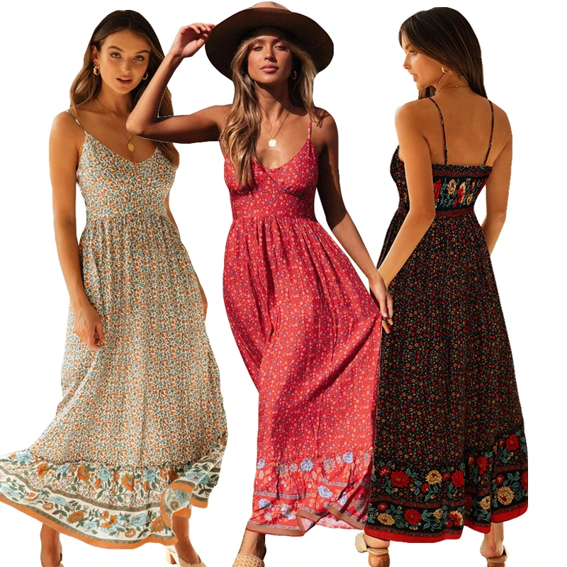 

Maxi Dresses Women Wholesale Vestido Boheme Casual Summer Boho Hawaiian Dress Ruffle Floral Beach Maxi Dresses
