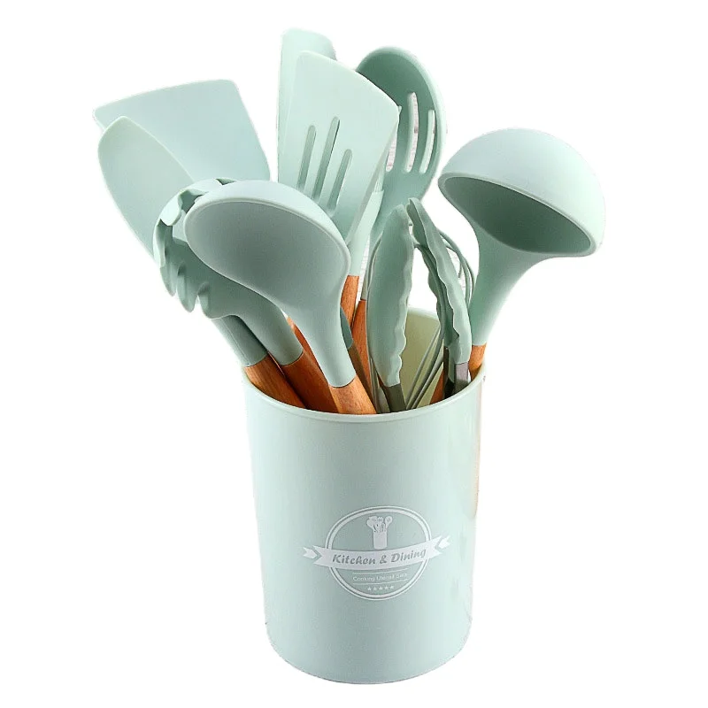 

Low price 12 pcs food grade silica gel cooking wholesale wooden silicone cooking utensils, Green