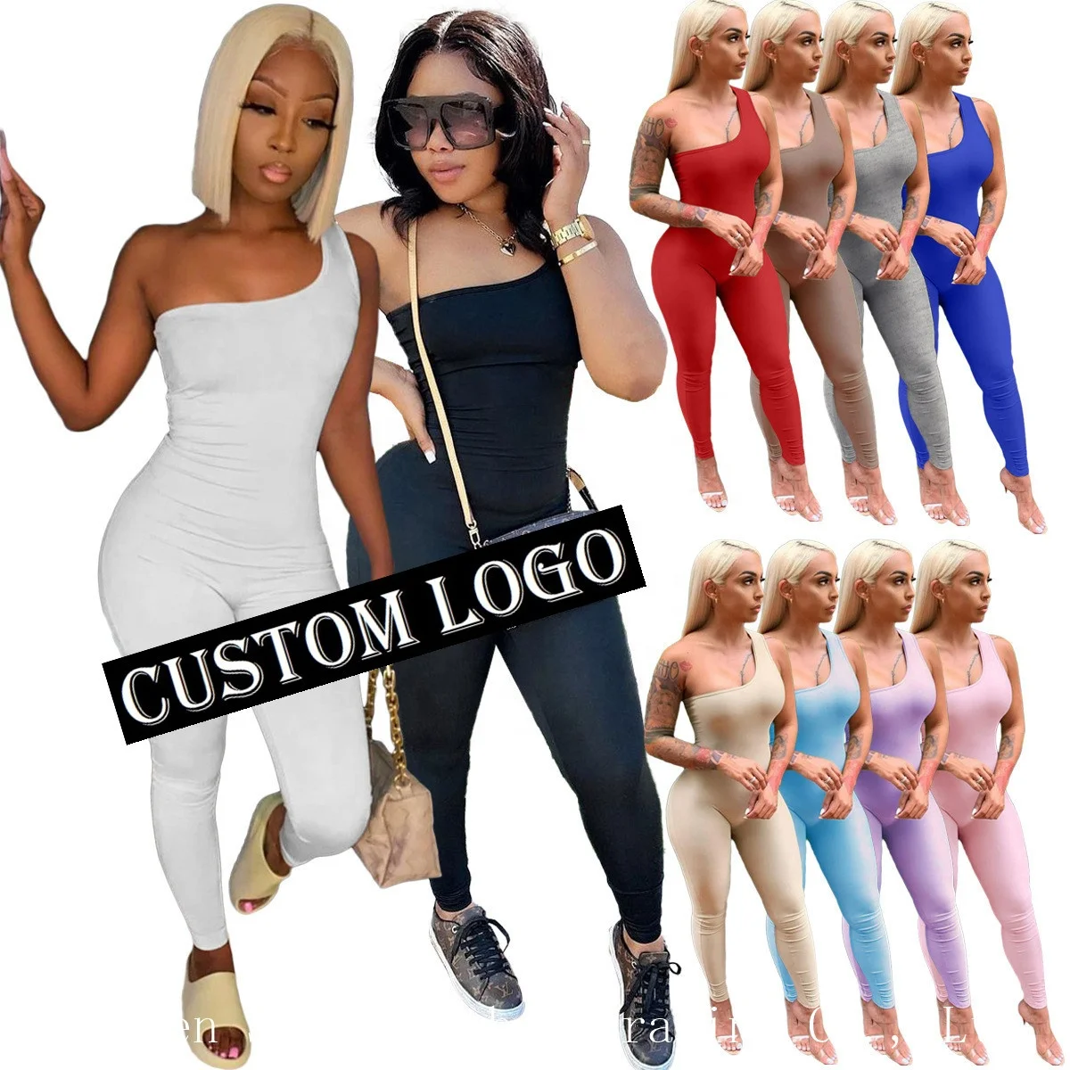 

2021 Sexy Solid Women One Shoulder Bodycon Jumpsuits Rompers, Shown
