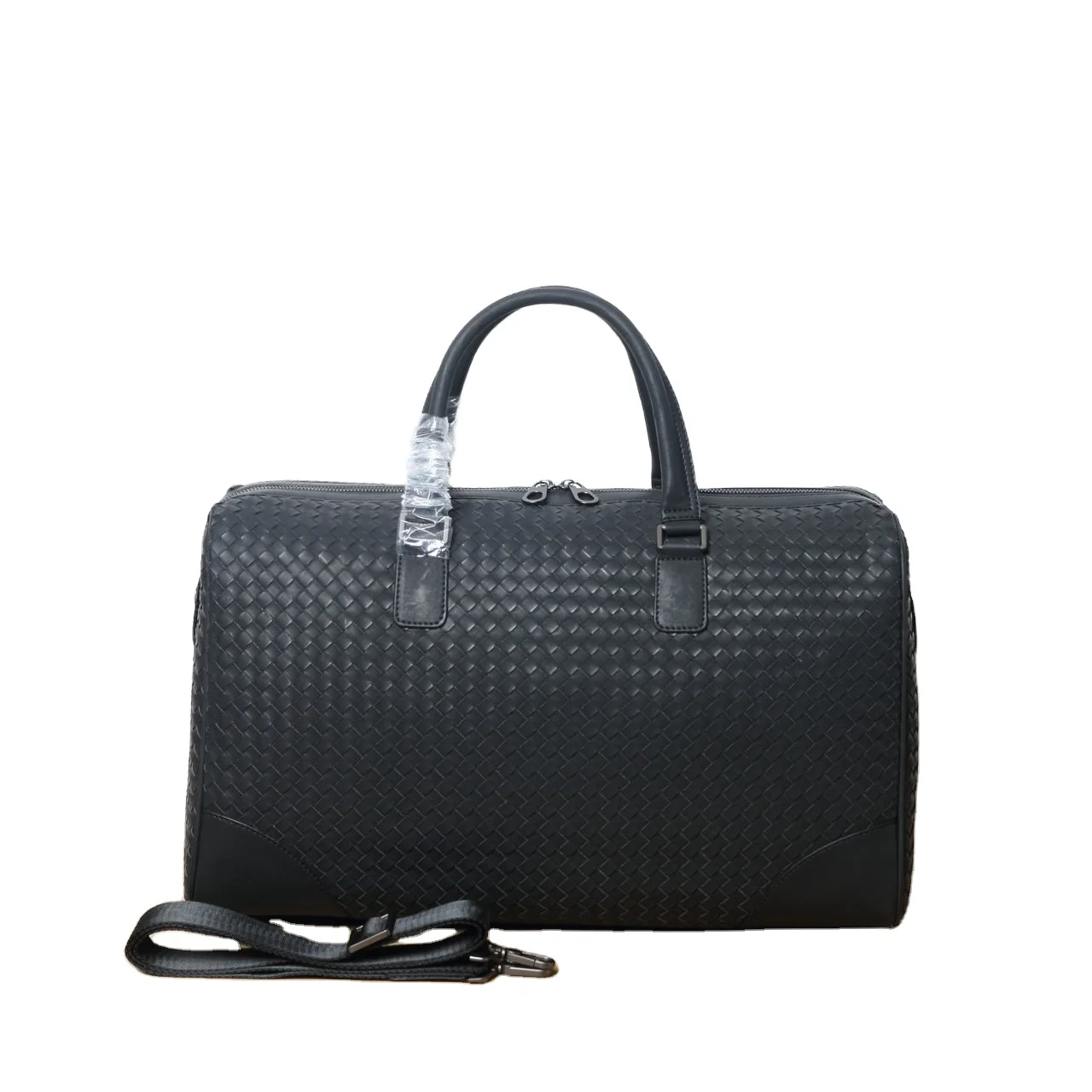 

Vintage Luxury Waxed Cow Leather Mens Solid Waterproof Multifunction Business Bags Weaved Briefcase Laptop Bag, Black