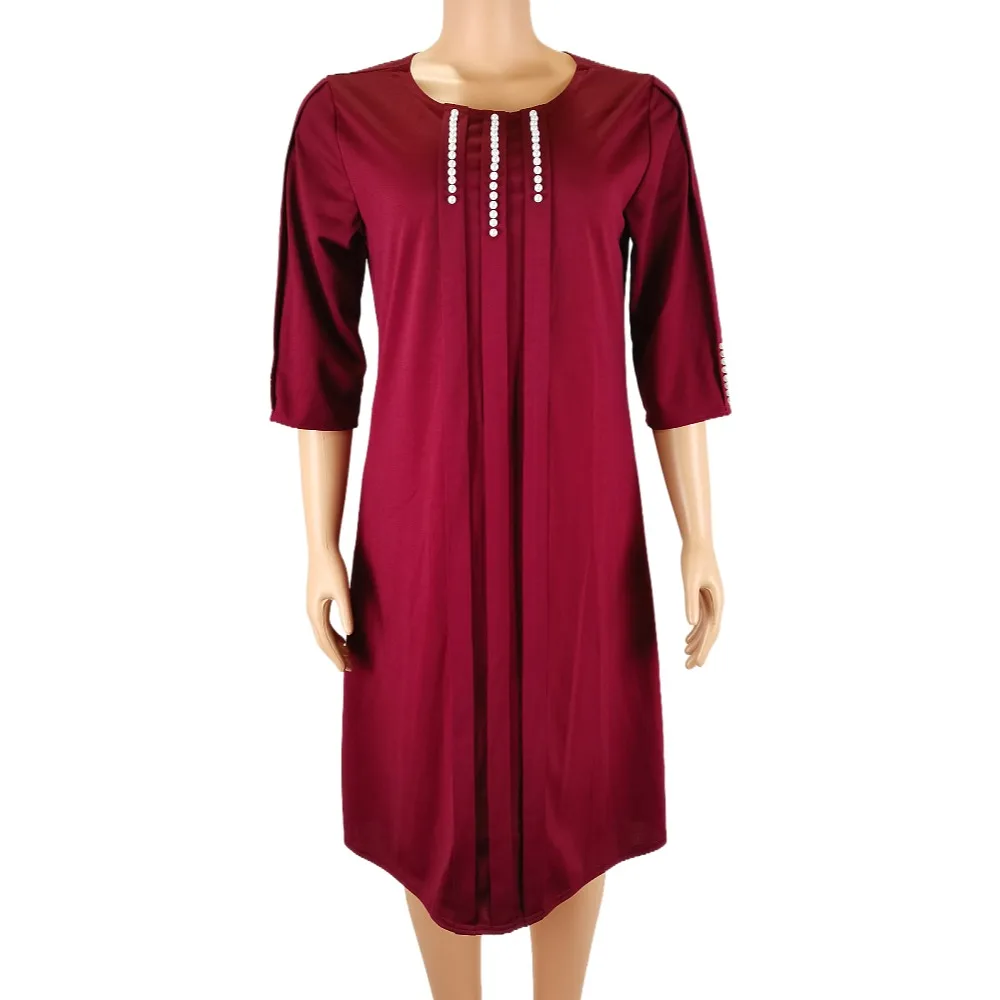 

African women clothes Plus Size Women O-Neck Short Sleeve bead pearl Mid-calf Length casual Lady Dress, Customized color
