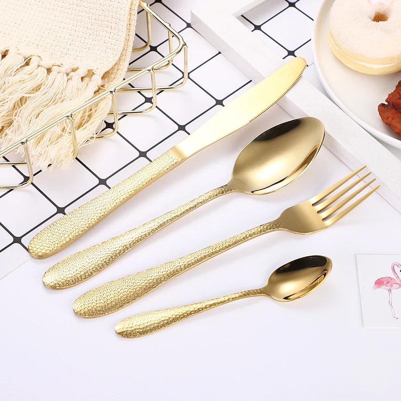 

Hammer Style Handle Stainless Steel Metal Rose Gold Hammered Copper Flatware Set