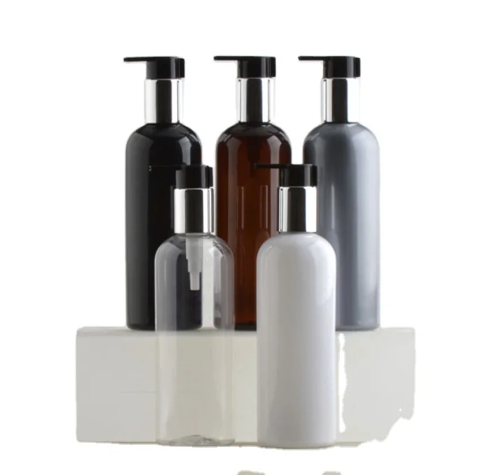 

300ml round shoulder anodized aluminum plastic big head pump bottle white brown shampoo bottle sub-bottling PET plastic bottle