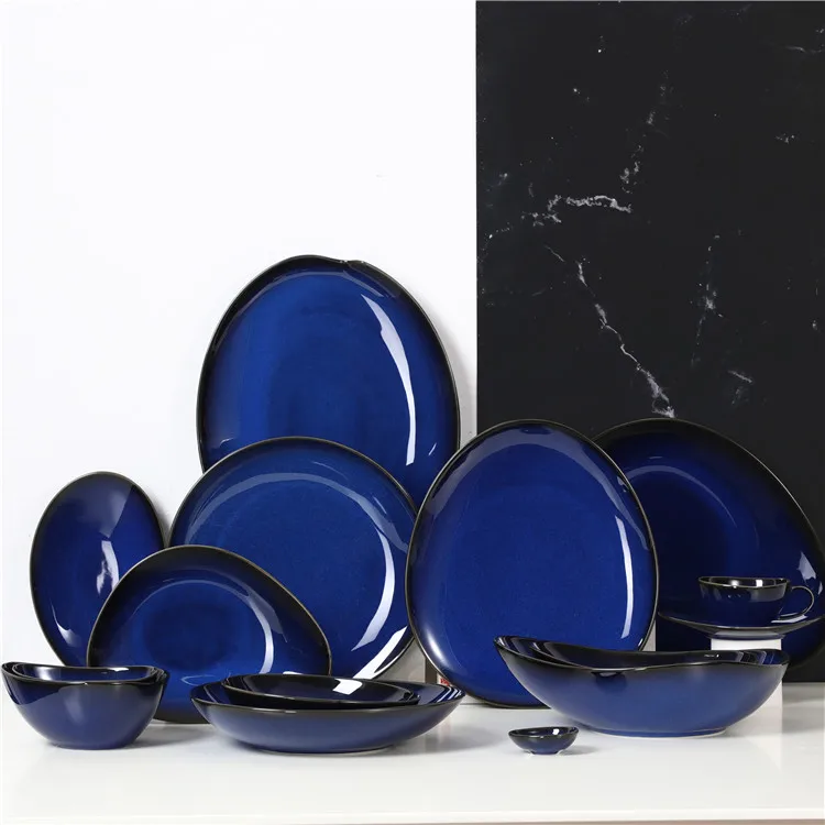 Restaurant Top Grade Porcelain Kitchen Dinner Sets Blue Ceramic Plate