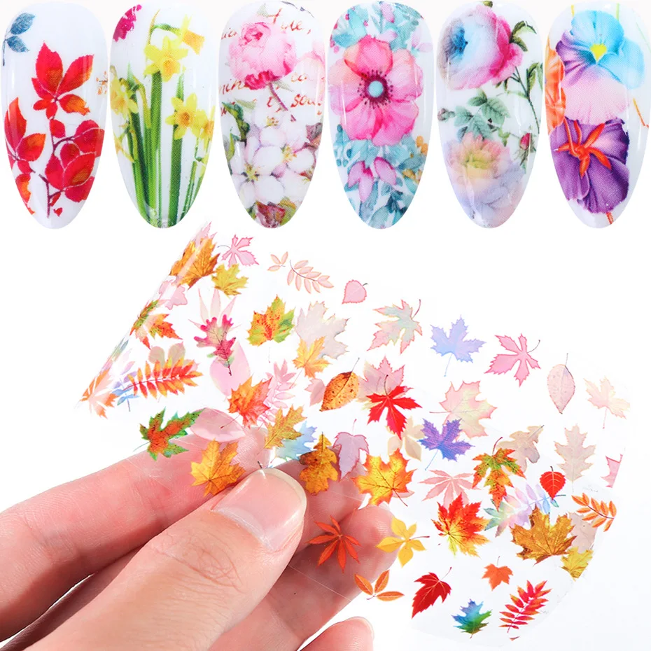 

10PCS Nail Art Transfer Foil Leaf Mixed Flowers Nail Sticker Decals Polish Manicure Decorations Charm Slider Set Nail Top
