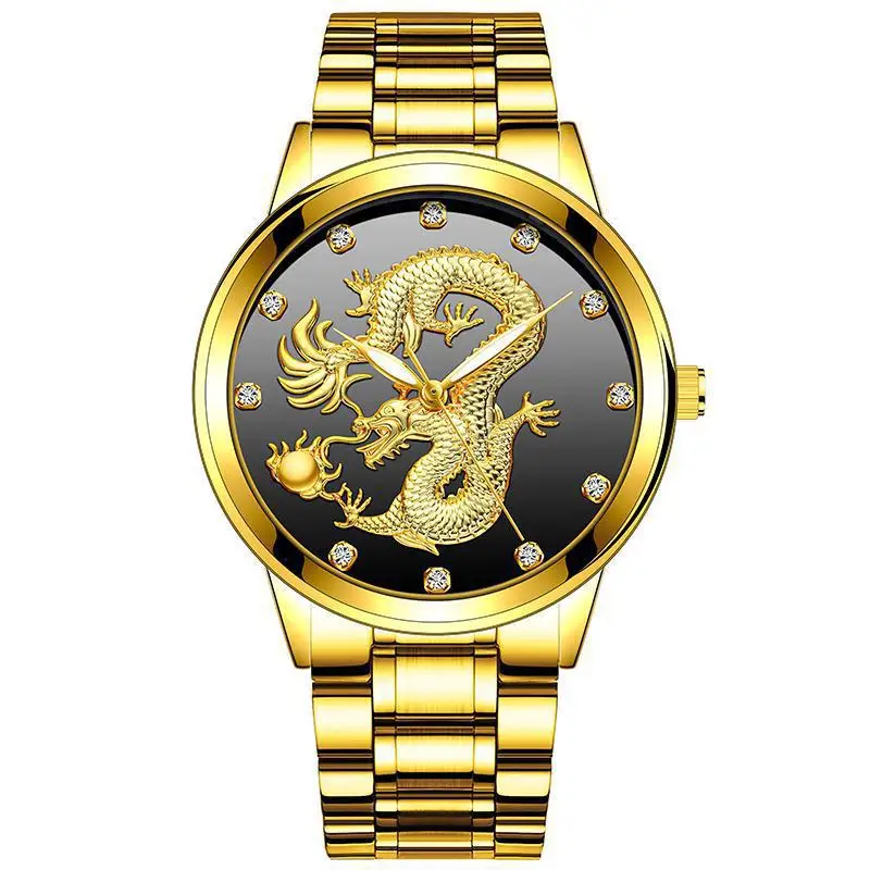 

Luxury Brands 18K Gold Dragon Totem Dial Watches Male Men Steel Fashion Wrist Watches