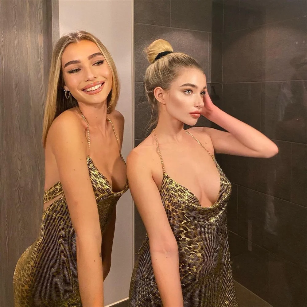 

SHIHAN SHD215871 2021 New Vintage Women Backless Gold Metal Mesh Party Dress Aluminum Chain Mail Mini Dress For Party