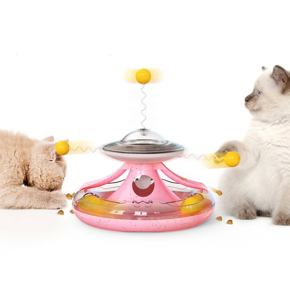 

Cat Slow Feeder Toy Tumbler Toy IQ Traning Interactive Treat Toy with Dual Rolling Balls and Detachable Wand for Cats Kitten, Blue, lake blue, yellow, pink