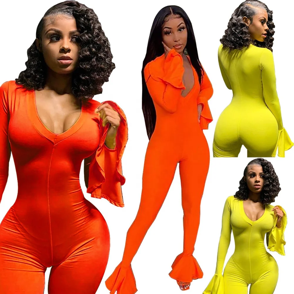 

B34596A 2019 Woman fluorescence color flare sleeve deep V neck lady jumpsuit, Picture