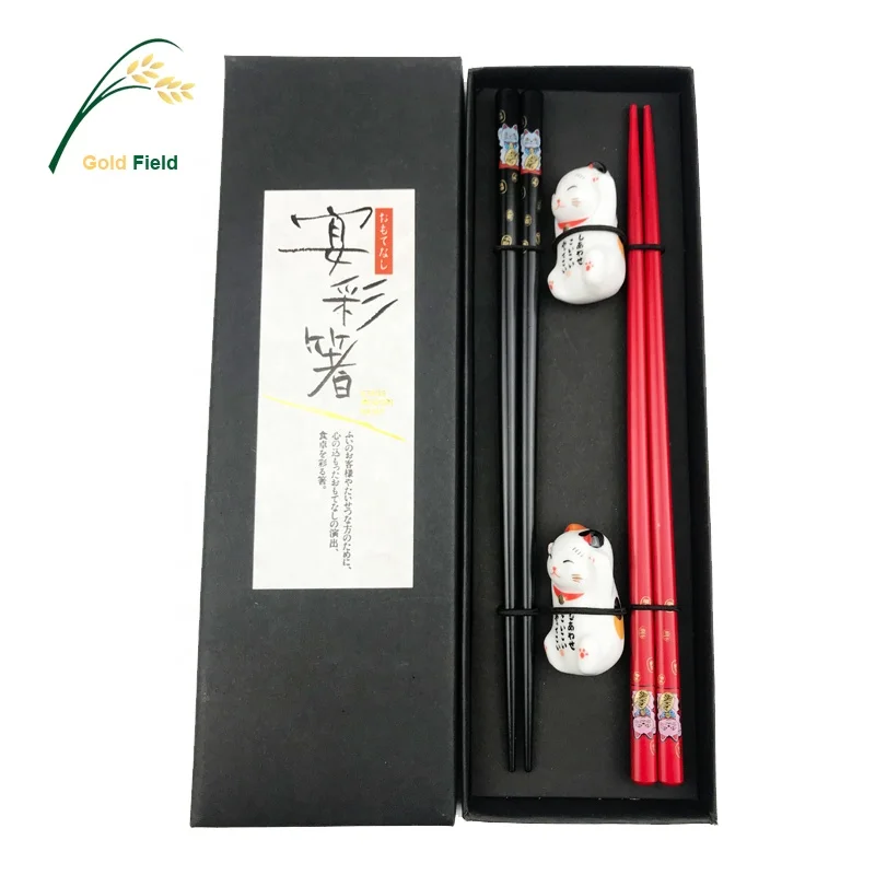 

Hot Sale Classic Lucky Cat Chopstick Holder Black and Red Sushi Chopstick Set Japanese Wooden Chopsticks Gift Set