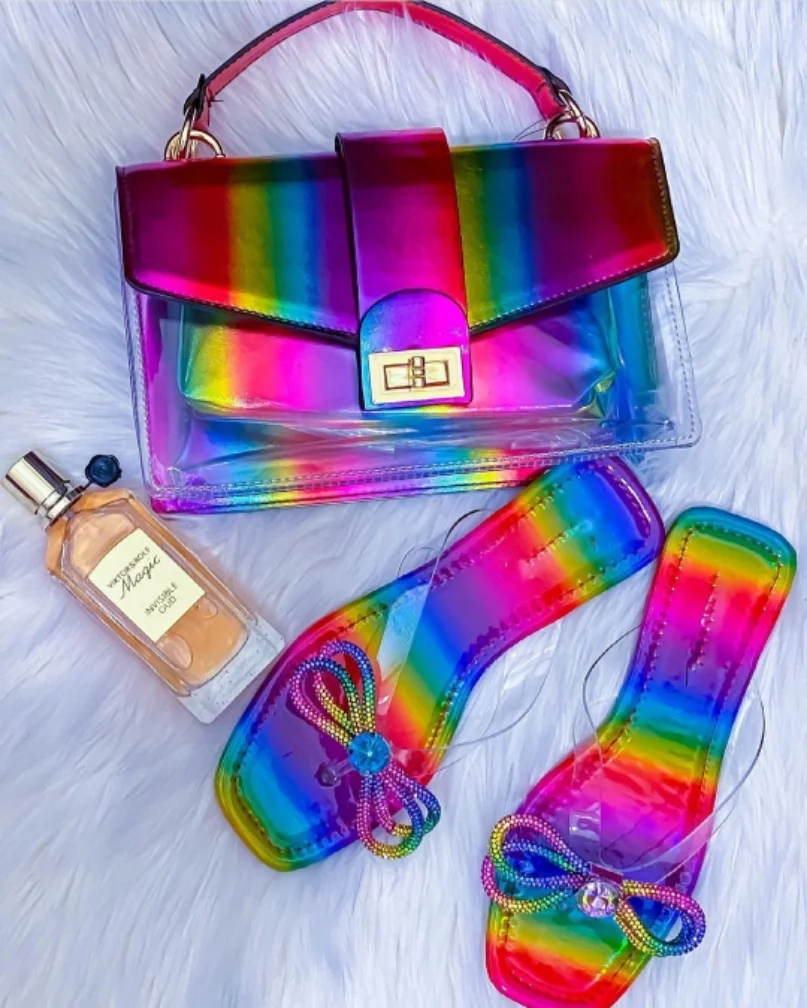 

Trendy Rainbow Colors PVC Purse And Match Color Bow Sandals Set top quality rainbow color purses and handbags, 1 kind of color