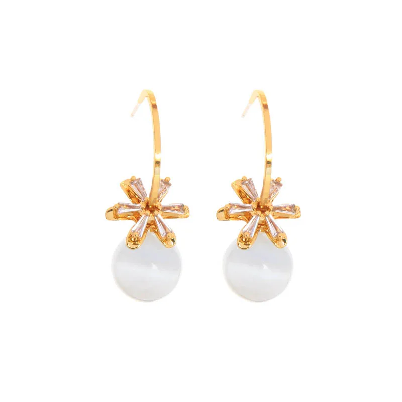 

f008 New Designer Inspired Precious Stone Jewelry Opal Drop Gold Brass Metal Luxury Dainty Flower Earrings With Hoop 925