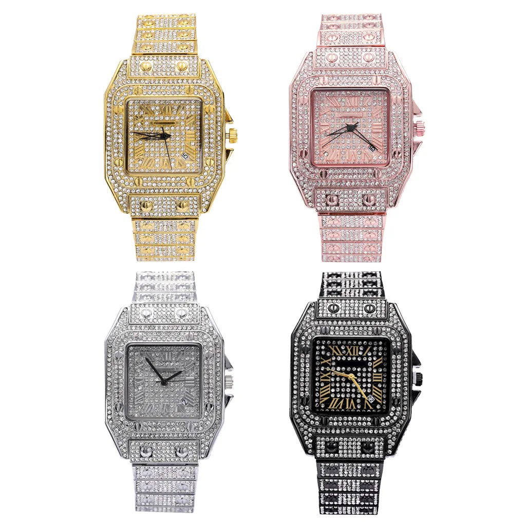 

Hip Hop Full 1Row Iced Out Mens Watches Luxury Date Quartz Wrist Watches Stainless Steel Watch For Women Men Jewelry, As picture