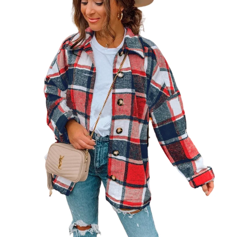 

Street Style Women's Long-sleeved Lapel Loose Polo Jacket Shirt Women's Mid-length Coat Plaid Shirt Coat, Picture color