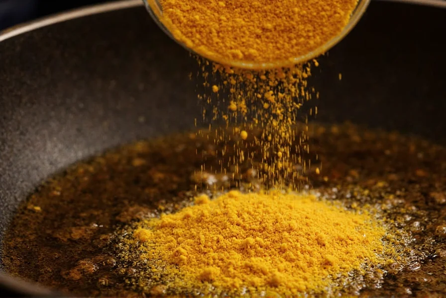 Close-up of golden asafoetida powder being sprinkled into sizzling mustard oil in traditional Indian tadka preparation