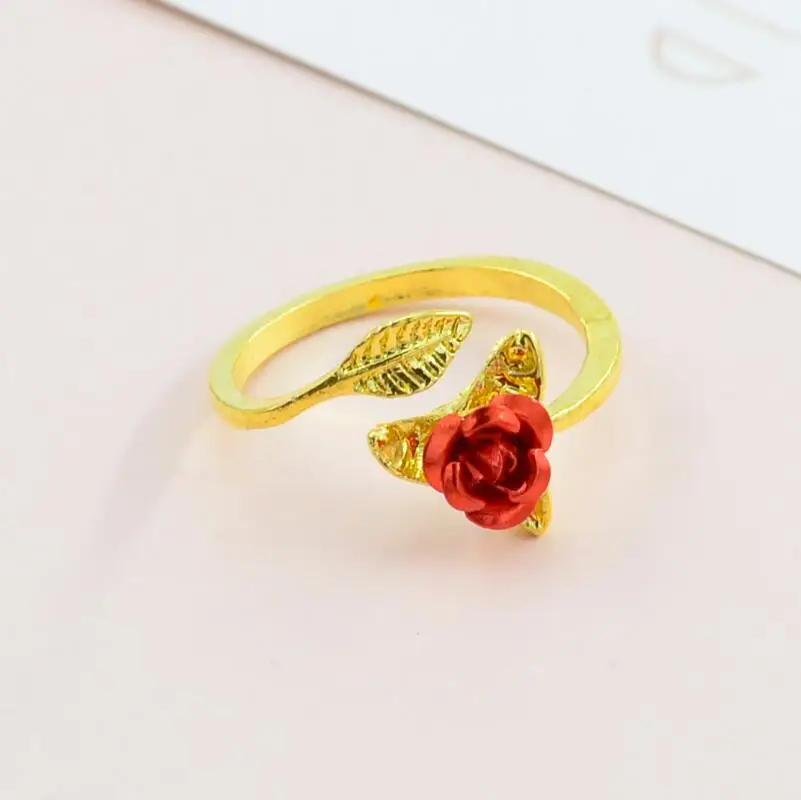 

Red Rose Garden Flower Leaves Resizable Gold Finger Rings Valentine's Day Gift Jewelry Hot Sale Open Rings for Women, Silver gold rose gold