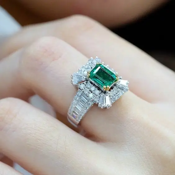 

Luxury Princess Created Green Emerald Stone Cut Daimond Eternity 925 Silver Ring Jewelry