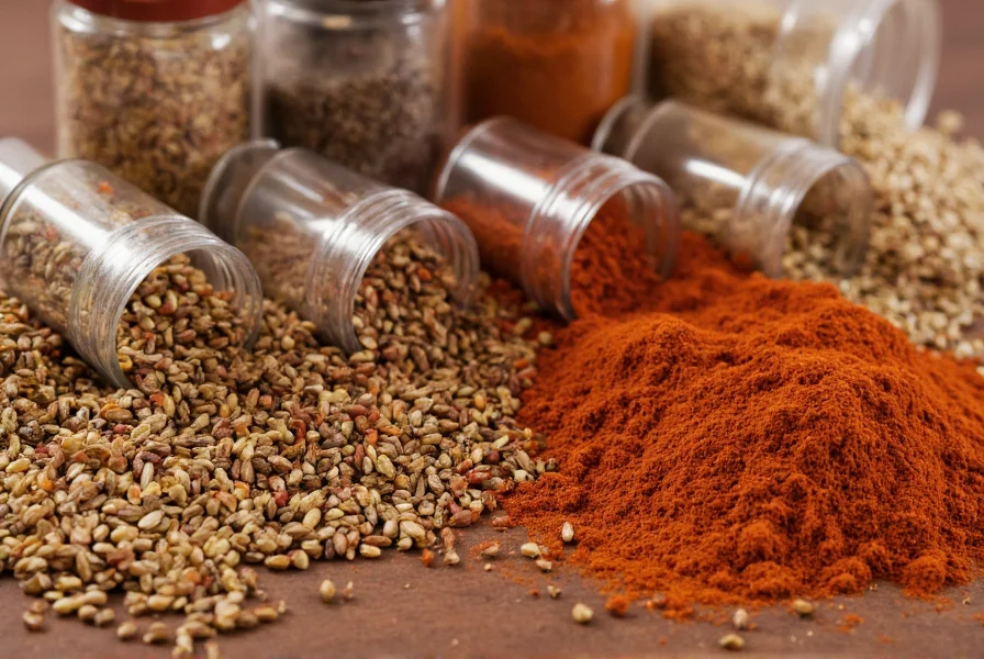 Close-up of various spice jars including cumin seeds, ground cumin, chili powder, and garam masala arranged on wooden table