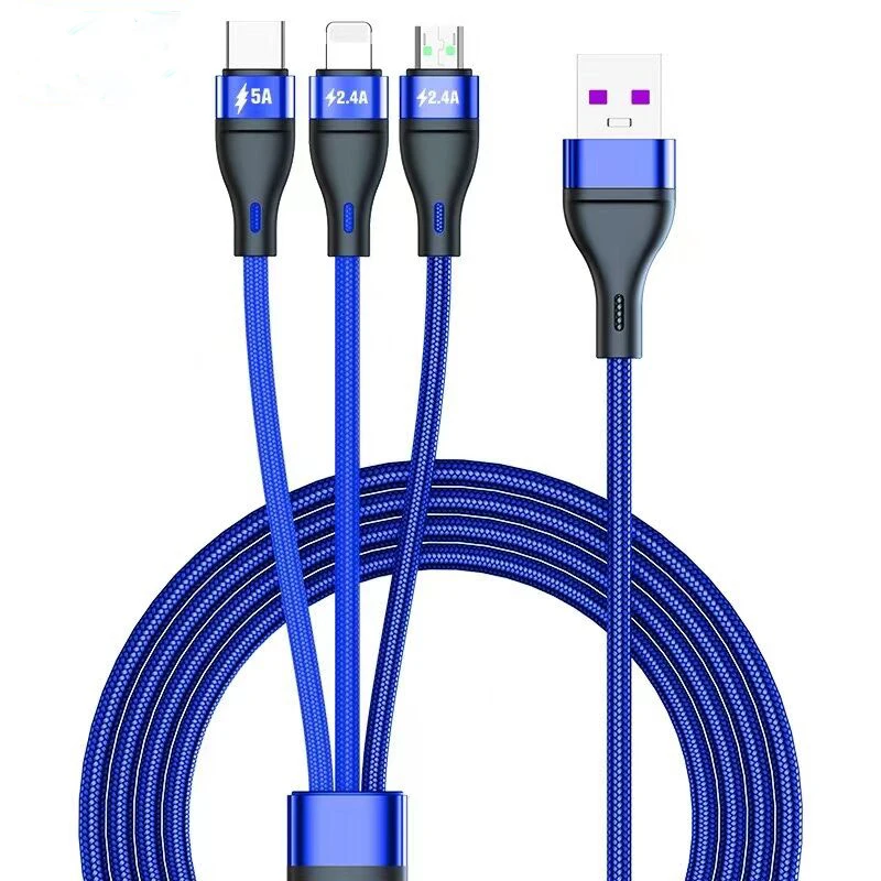

High quality 5a 1.2m/3.9ft length usb cable 3 in 1 nylon charging cable high speed charger cable for mobile phones