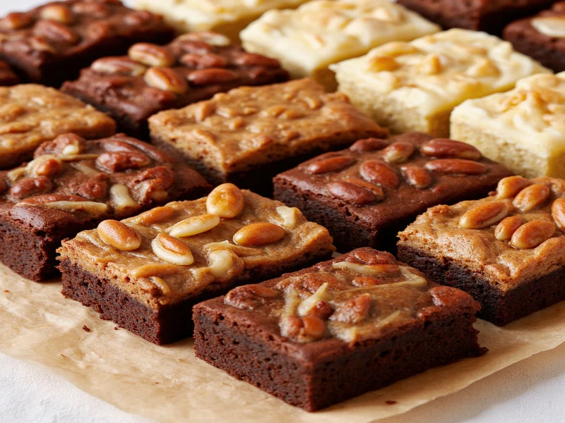 Assorted brownie variations with nuts and caramel swirls