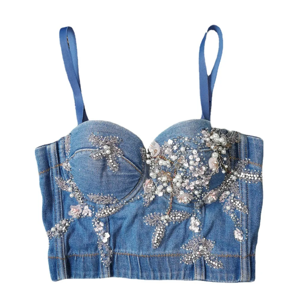 

Denim fabric beaded suspenders hot doublet navel sexy fishbone bra for outdoor, Light blue