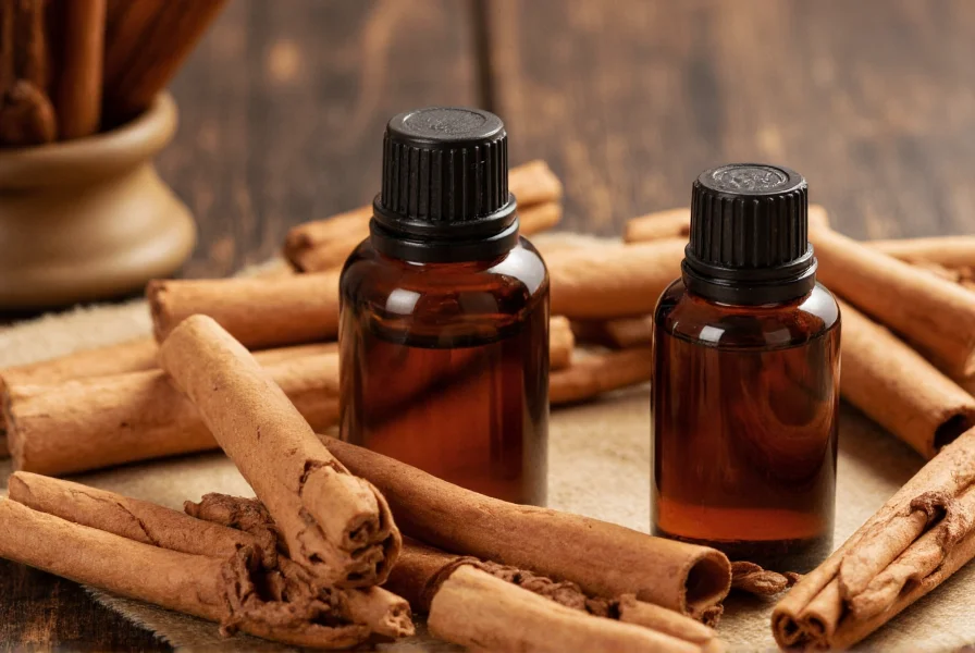 Close-up of cinnamon sticks and essential oil bottles arranged artistically for perfume creation