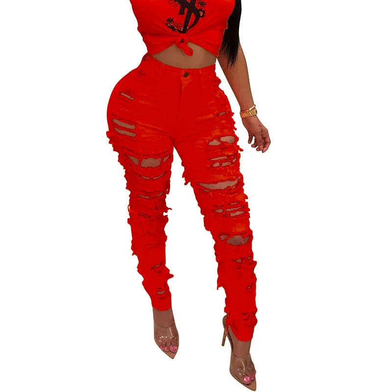 

Wholesale Ladies Top Leggings Design Casual Hole High Waist jeans