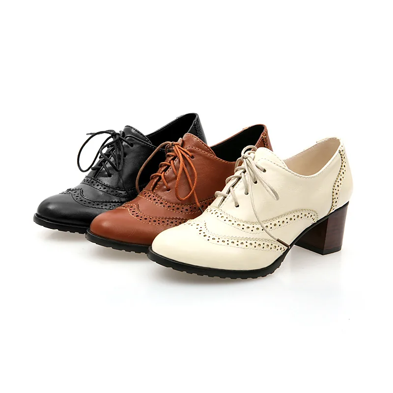 

SP915 fashion autumn ladies pu leather hollow out shoes British style women chunky high heel shoes with laces, Black brown beige