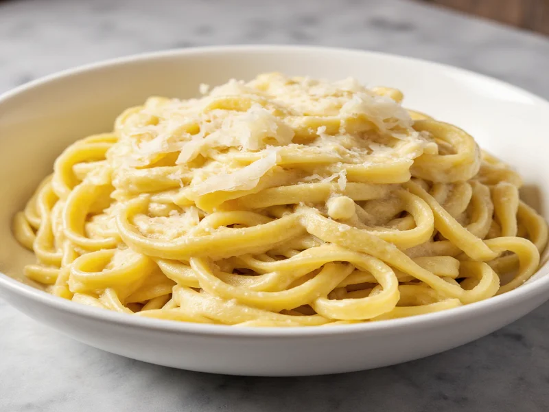 Creamy fettuccine alfredo served in white bowl with parmesan shavings