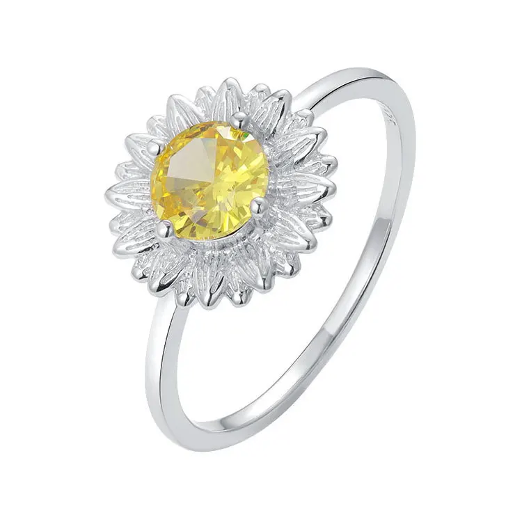 

Luxury 18K Gold Plated Yellow Gemstone Engagement Rings Women Unique Fine S925 Sterling Silver Sunflower Ring Gifts to Daughter