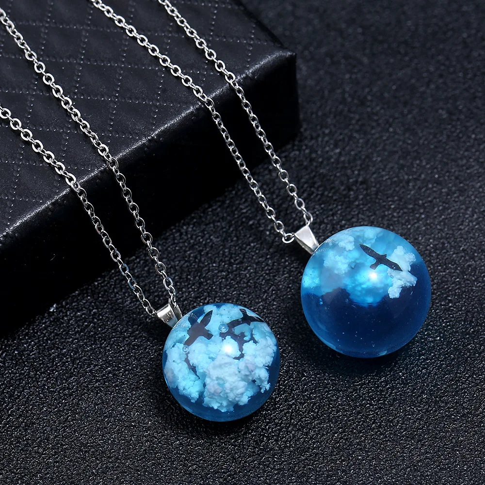 2022 New Dream Planet Cartoon Moon Pendant Necklace Luminous Blue Sky White Cloud Double Bird Eagle Necklace