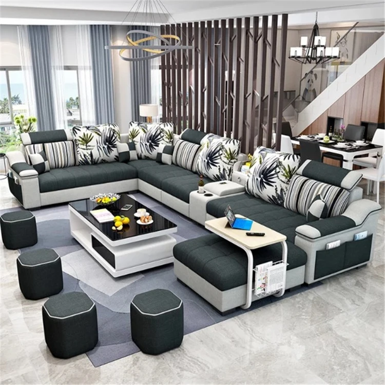 
cheap home Furniture 7 Seater modern European wooden fabric U shaped Chaise Lounge sectional couch living room sofa set 