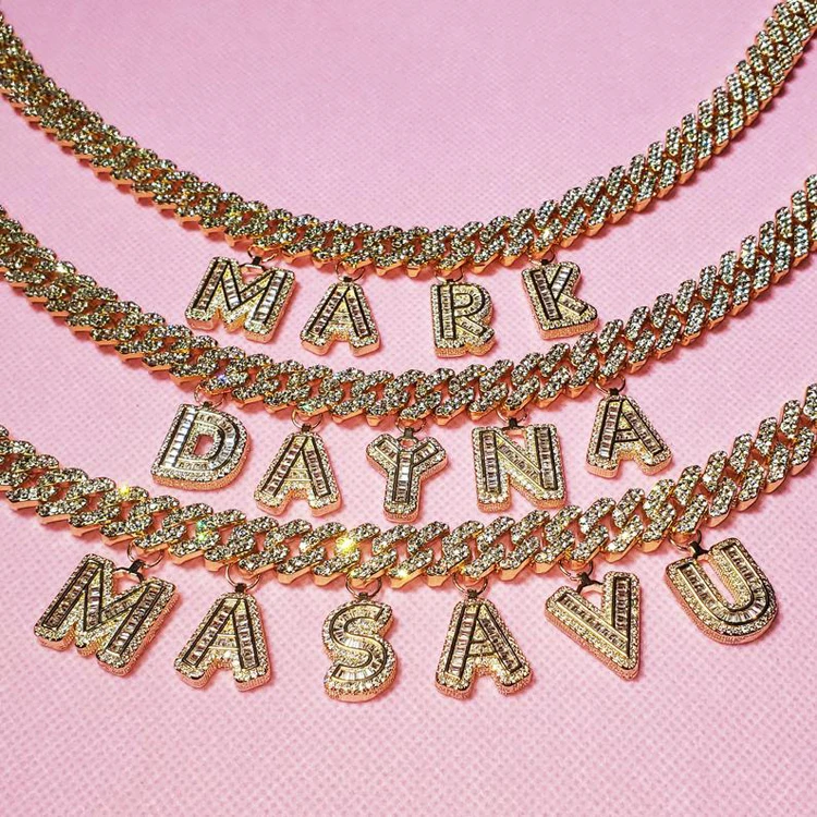 

Wholesale Fashion Hip Hop Iced Out Chain Necklace Full Diamonds Custom Letter Pendant Necklace with Cuban Link Chain For Women, Gold, silver, rose gold