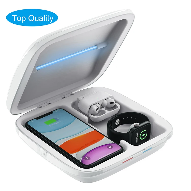 

4 in 1 Fast Qi Wireless Charger Ultraviolet Sterilization Cellphone Cleaner UVC Phones 99% Sanitizate UV Light Sterilizer Box, White