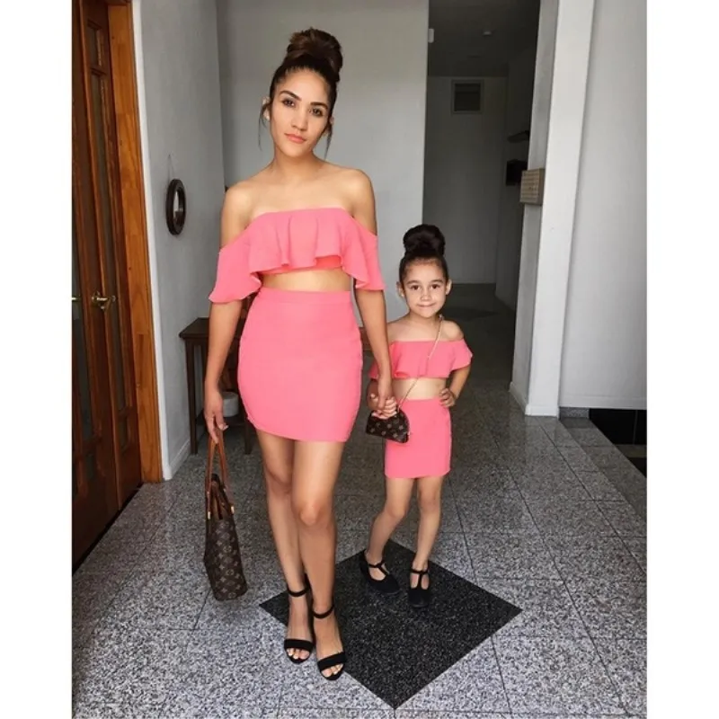 

Hot Sale Solid Color Sleeveless Ruffled Parent-child Suit Mom And Daughter Matching Clothes Mom And Me Dress Clothes, Photo