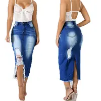 

A090290 casual washed ripped pencil bodycon jean women casual denim skirt