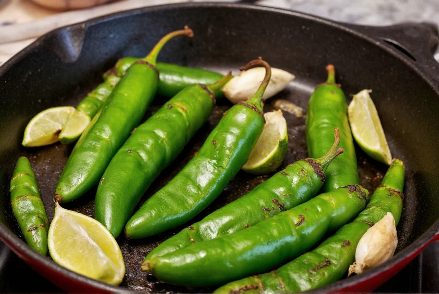 Fresh jalapeño peppers roasting on a cast iron skillet with garlic cloves and lime wedges