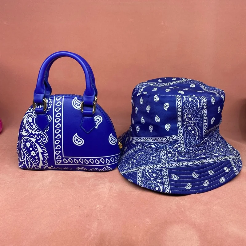 

2021 Ins Trendy Cashew Flower Shell Bandana bag and Hat for Women Brand Messenger Blue Bandana Purse and Bucket Hat Set, As the picture show