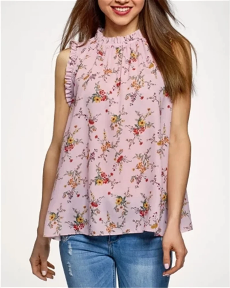 

2021women new summer print sleeveless T-shirt O-neck tshirt women Chiffon shirt