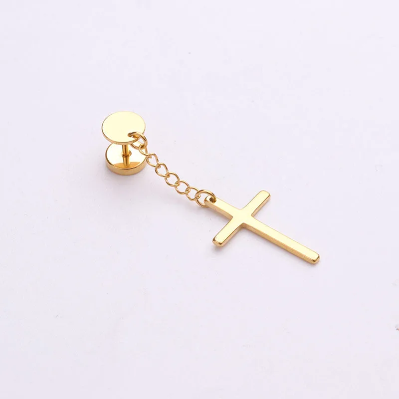 

Hot Punk Cool Stainless Steel Ear Piercing Jewelry Feather Chain Cross Drop Dangle Earrings For Men Women, Gold, silver, black