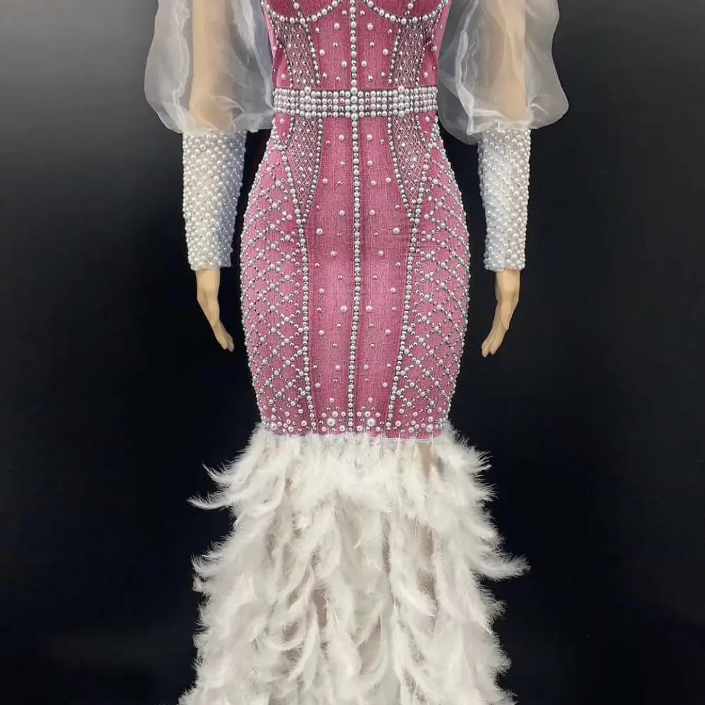 

New Style Sparkly Stone Pearl Dress Women Birthday Dress Prom Dance Celebrate Transparent Sleeve Long Tail Dress