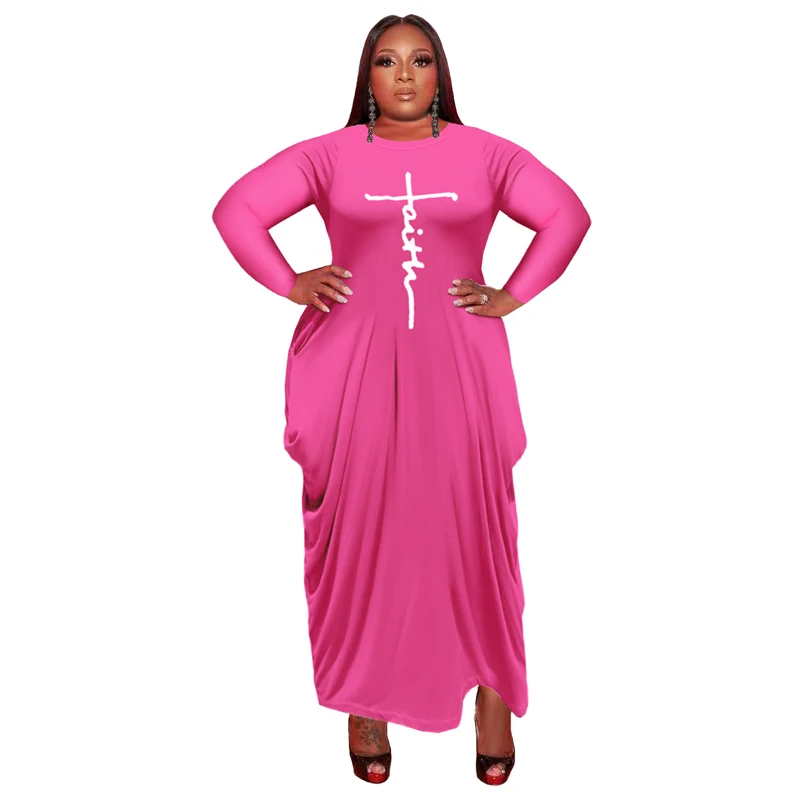 

2021 Autumn Ladies Round Neck Loose Dresses Women Casual Printed Letters Long Sleeves Plus Size T Shirt Dress With Pockets 5XL, Multi color