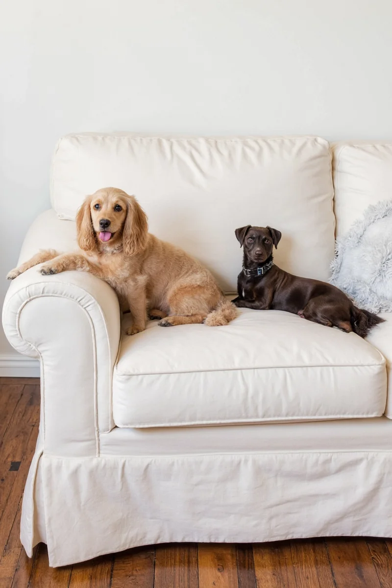 AmazonBasics stretch slipcover covering a dark brown sofa with two tabby cats sitting on it