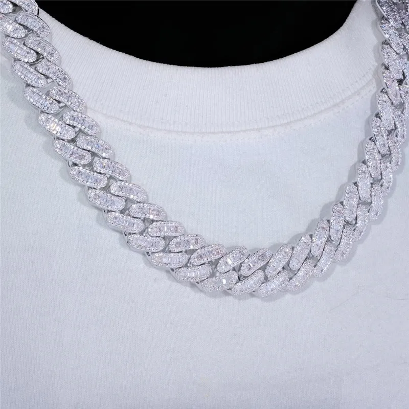 

Iced Out 17mm Baguette Prong Miami Cuban Link Chain Copper Zircon Stones Unisex Bracelet Necklaces Hip Hop Jewelry