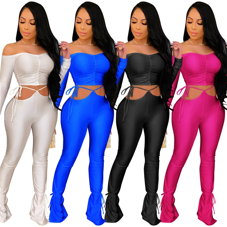 

2021 women clothing fashion off shoulder two piece pants set solid color casual suit