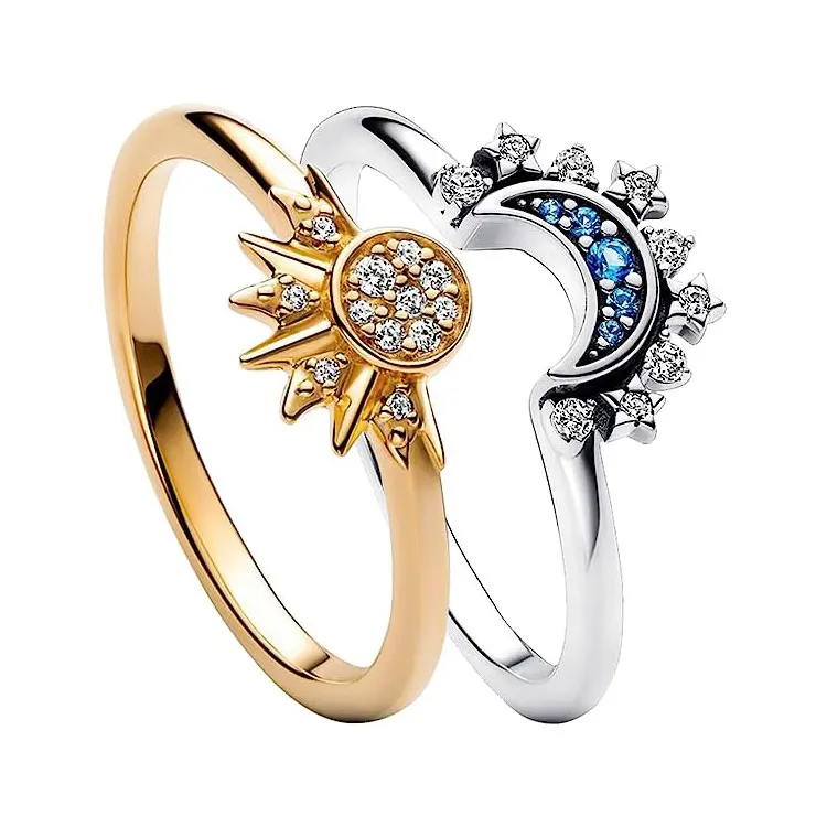 

SC Romantic Sparkling Sun Blue Moon Wedding Promise Rings Women Fine S925 Sterling Silver Stackable Celestial Sun Moon Ring Set